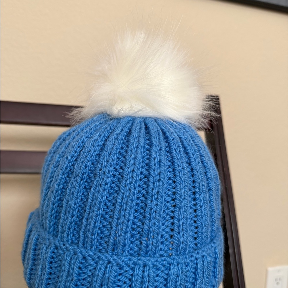 Kids' Blue Knit Hat with White Pom-Pom